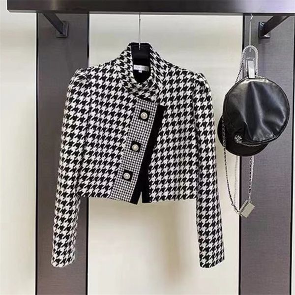 

luxury brand houndstooth vintage tweed jacket coat autumn winter fashion high street small fragrance woolen short outerwear 220712, White