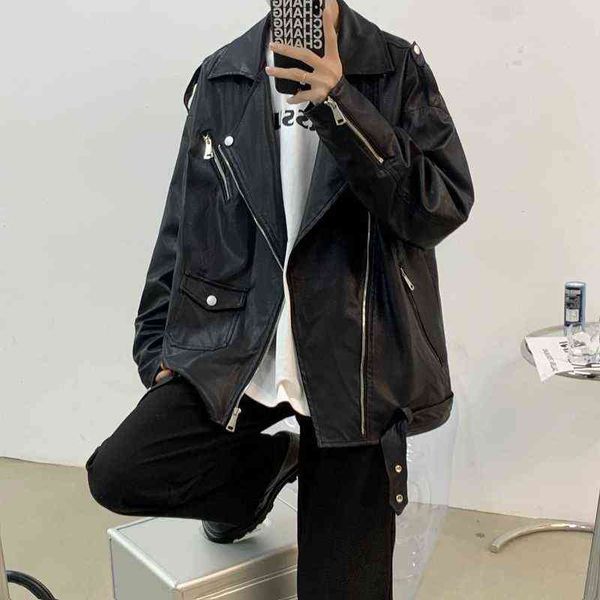 

privathinker spring 2022 men motorcycle leather jacket loose fashion turn down collar male coats korean style zipper outerwear t220728, Black
