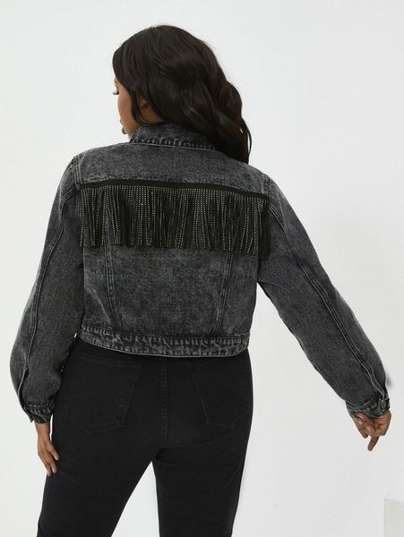 

sxy plus button up fringe detail denim jacket p1gw#, Black;brown
