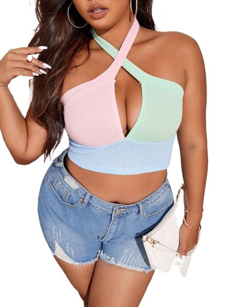 

plus colorblock open back crisscross halter a8ln#, Black