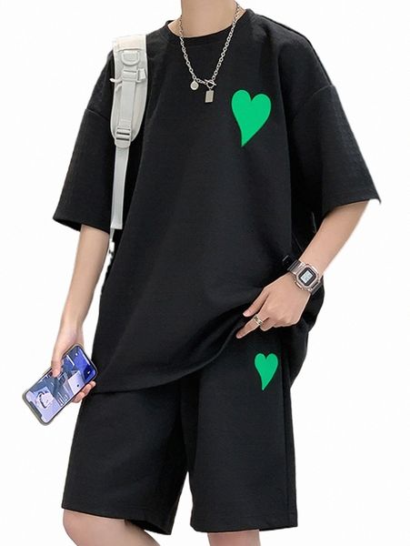 

men heart print drop shoulder tee & shorts q8nr#, Gray