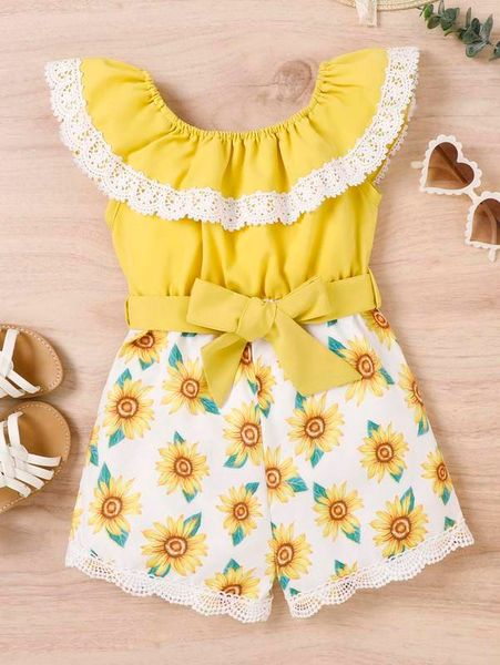 

toddler girls floral print lace detail belted jumpsuit she, Blue