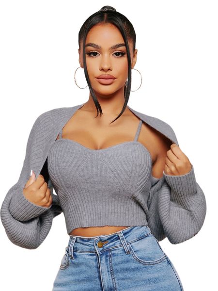 

sxy batwing sleeve shrug cardigan & cami knit 45xs#, White;black