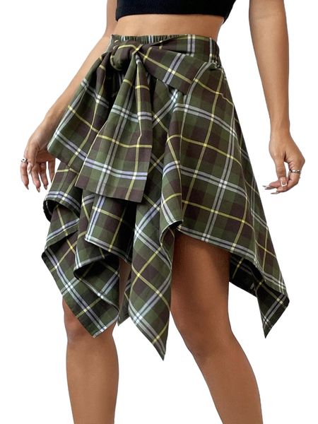 

plaid print knot front asymmetrical hem skirt 52ss#, Black
