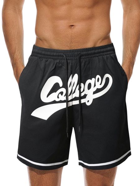 

men letter graphic contrast tape drawstring waist shorts a49u#, White;black