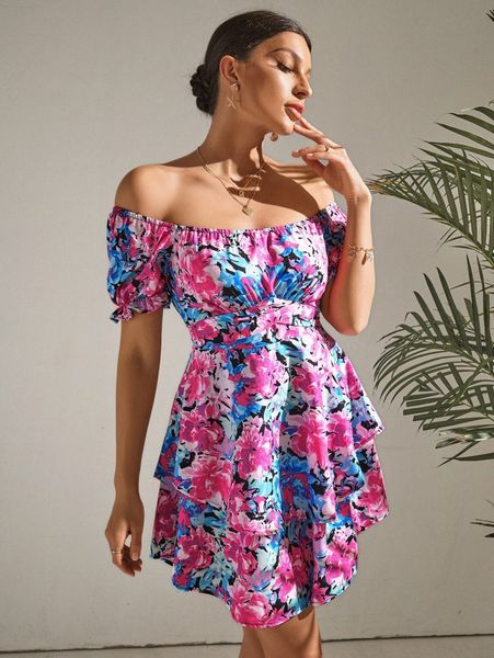 

allover floral puff sleeve ruffle hem dress w7t1#, Black;gray