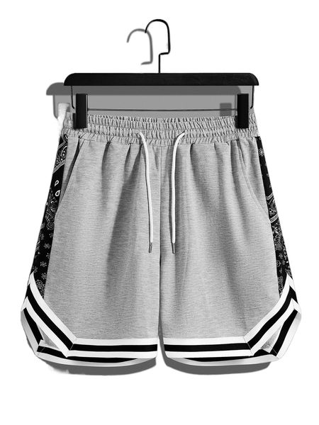 

men contrast paisley side seam drawstring waist shorts l5vo#, White;black