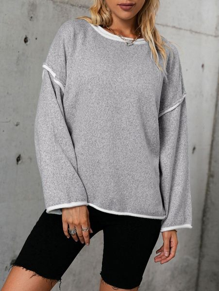 

simplee bell sleeve contrast piping sweater h74j#, White;black