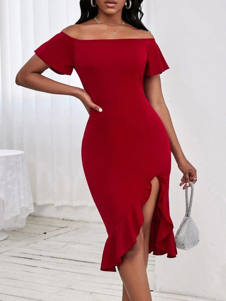 

sxy off shoulder butterfly sleeve asymmetrical ruffle hem dress 11pc#, Black;gray