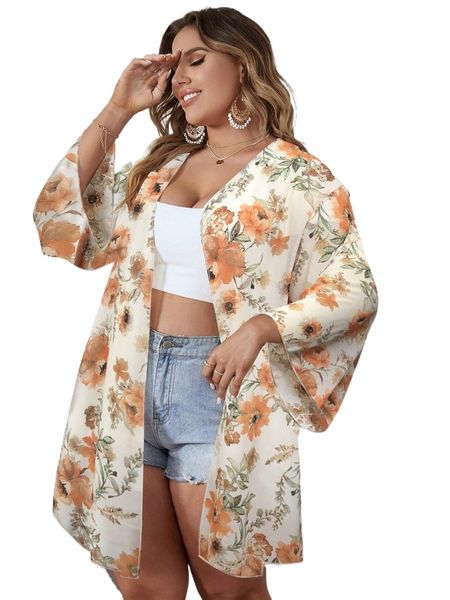 

plus floral print chiffon kimono i82k#, Black;gray