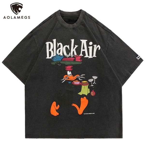 

aolamegs t-shirt men funny duck waiter letter printed hip hop hipster fashion tees oversized summer cotton all-match o-neck 220706, White;black