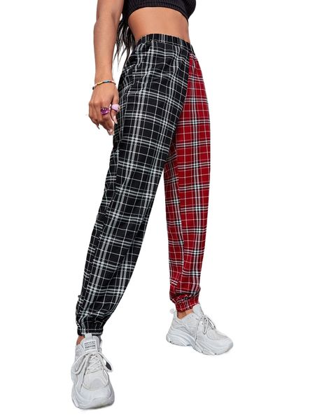 

plaid print color block pants d0ng#, Black;white