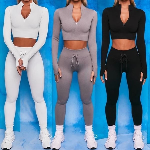 

seamless yoga set women zippers long sleeve crop shirt high waist legging workout outfit run fitness gym clothes athletic suits 220330, Gray