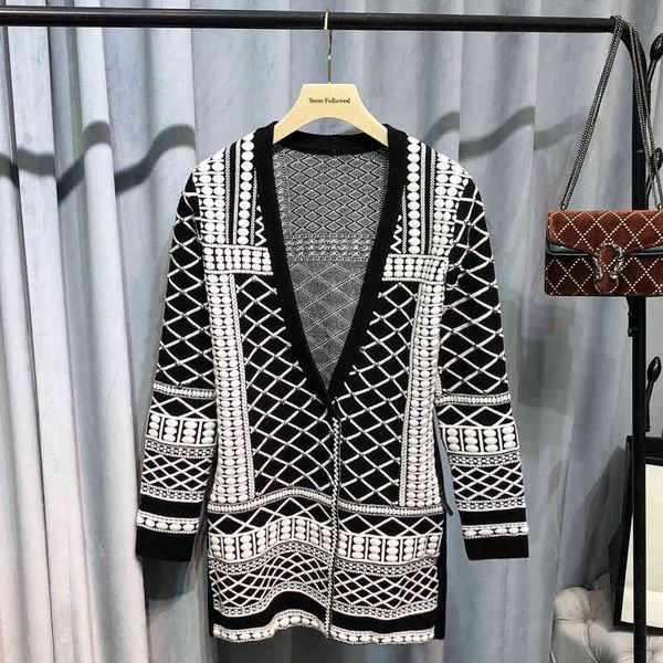 

women's knits & tees wool sweater cardigan women's autumn winter style li bingbing same black and white embossed nail bead knitted