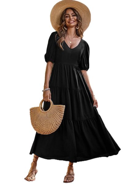 

solid t.ie b.ackless p.uff s.leeve r.uffle h.em d.ress d0ua#, Black;gray