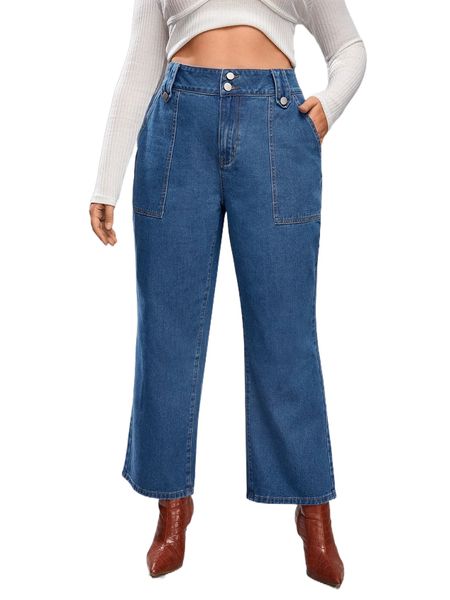 

plus high waist straight leg jeans 48fk#, Blue