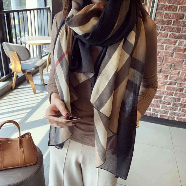

designer silk head scarf cfnbharvest brand customized cotton and hemp womens scarf long winter net red plaid fashion versatile shawl new wom, Blue;gray