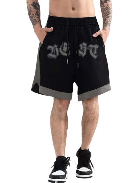 

men letter graphic drawstring waist contrast trim shorts i7xp#, White;black