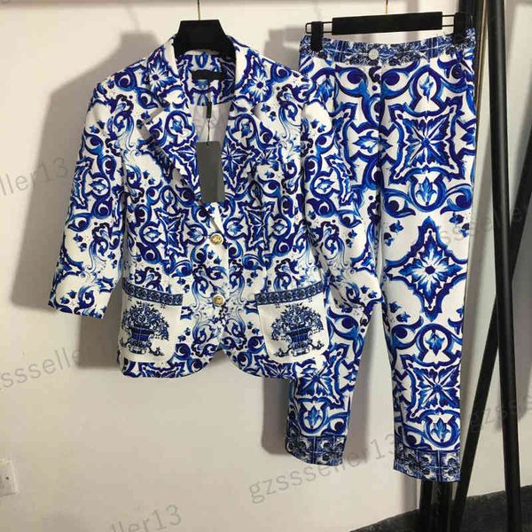 

womens two piece pants blue and white porcelain print clothes d...g blazer trousers sets size s-xl