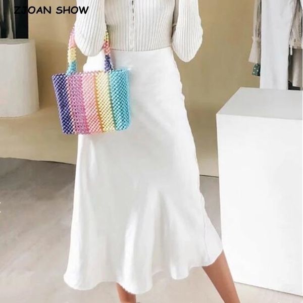

retro high waist bright satin skirt spring summer women mid long aline skirts femme white khaki y200326, Black