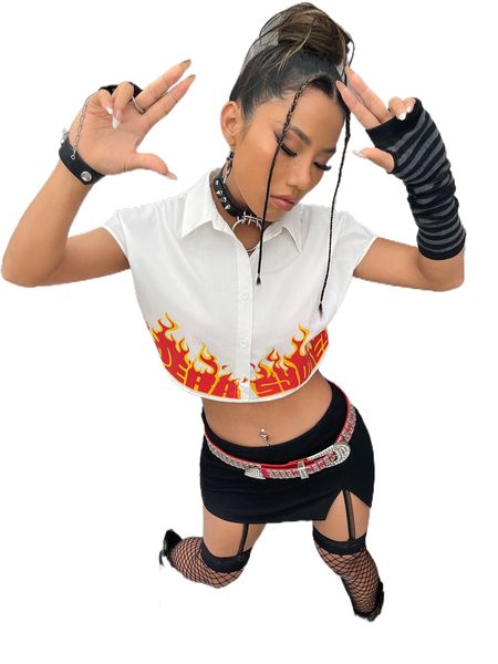 

fire print batwing sleeve crop blouse 36hh#, White