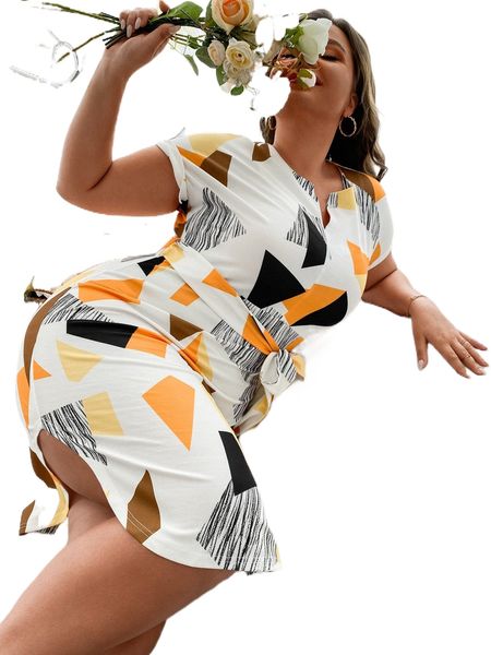 

plus geo print batwing sleeve notched neckline belted dress l5qi#, Black