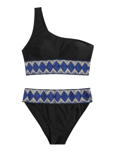 

geo tape one shoulder bikini swimsuit u8ai#, White;black
