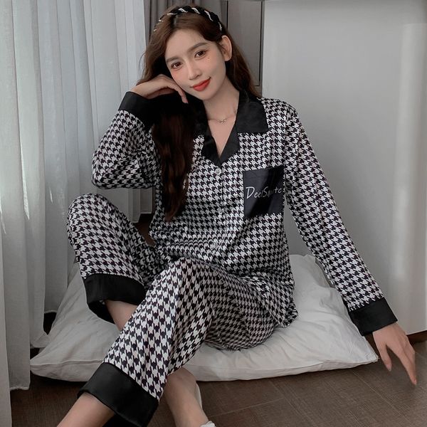 

women's sleepwear silk ladies pajamas autumn ice silk long sleeve pants 220823, Black;red