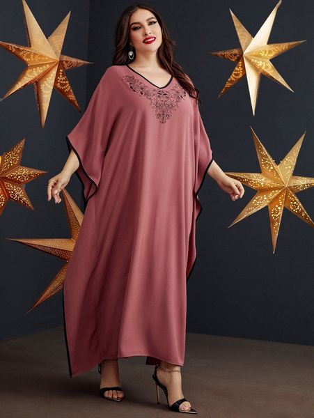 

plus floral embroidery batwing sleeve contrast binding dress a8cs#, Black