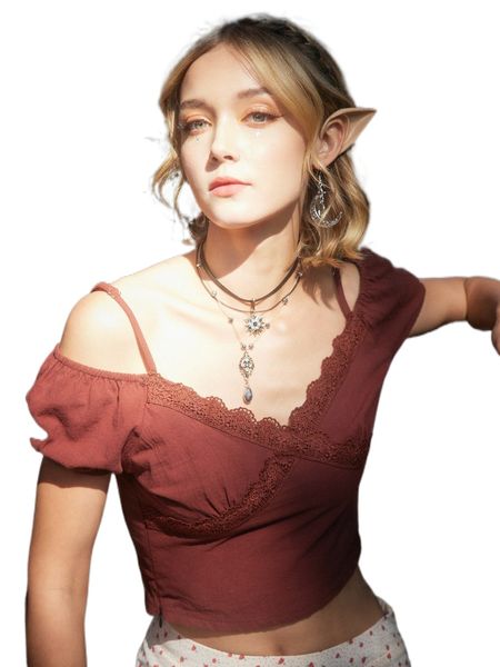 

romwe contrast lace cold shoulder blouse j2wt#, White