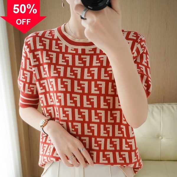 

spring 2022 fashion temperament front and back double f design all casual knitting short brand summer women's shirt, White