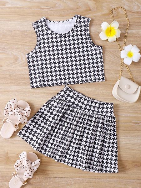 

toddler girls houndstooth tank & skirt she, White