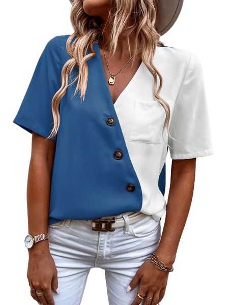 

two tone patched pocket blouse o99c#, White