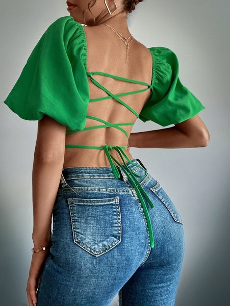 

lace up backless lantern sleeve crop blouse o45x#, White