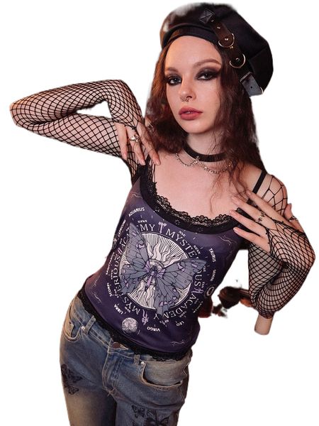 

romwe dark academia letter butterfly graphic contrast lace cami o5mo#, White