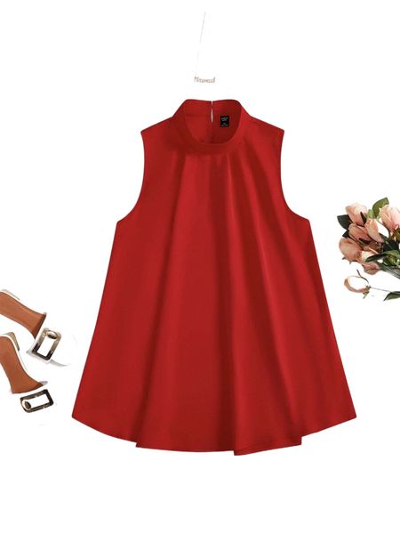 

plus mock neck curved hem sleeveless blouse r6mj#, Black