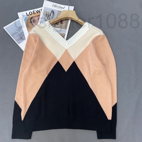 

women's sweaters designer high version v-neck knitted diamond check color matching pullover sweater casual loose women's 2022 new, White;black