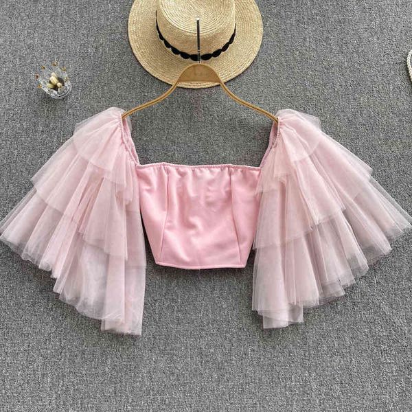 

women's t-shirt summer mesh bra shirt sweet minority age reduction short style slim off shoulder straight neck sleeved blouse women ku6, White