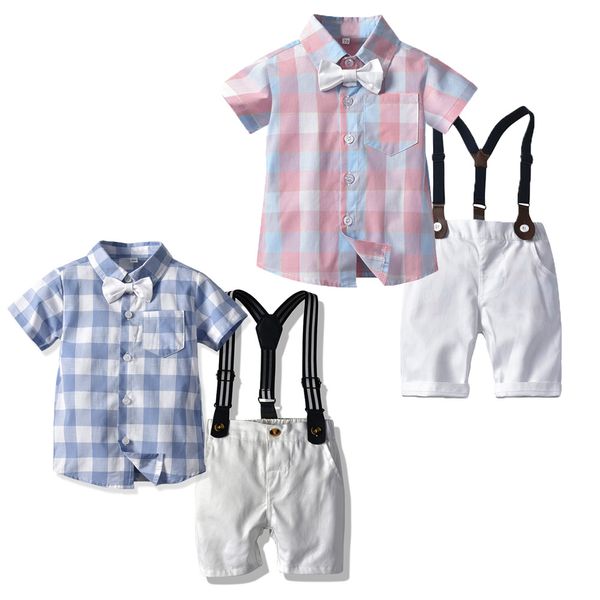Toddler Kids Baby Boy Gentleman Clothes Summer Short Sleeve Button Plaid Shirt Top Strap Shorts Pantaloni Outfit Set per bambini