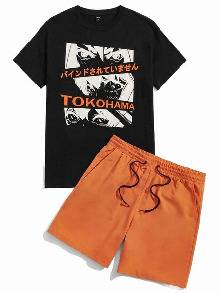 

men figure & japanese letter graphic tee and shorts set b2qt#, Gray