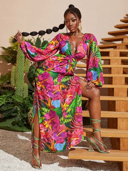 

sxy twist front high split tropical print dress f3sr#, Black;gray