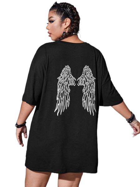 

plus wing print drop shoulder tee j2l1#, Black