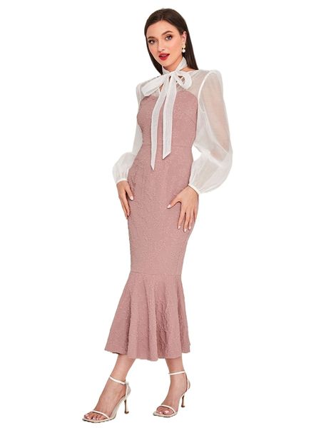 

contrast lace lantern sleeve belted dress r8jg#, Black;gray