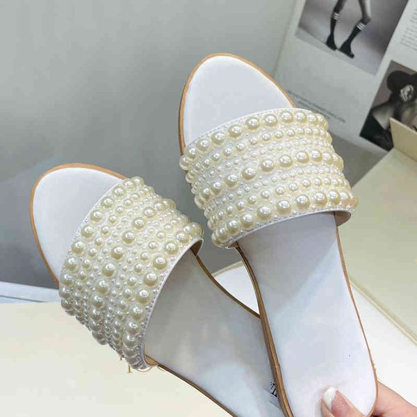 

sandals summer pearl peep toe sweet wind versatile flat bottomed slippers round head flip flops cool drag women, Black