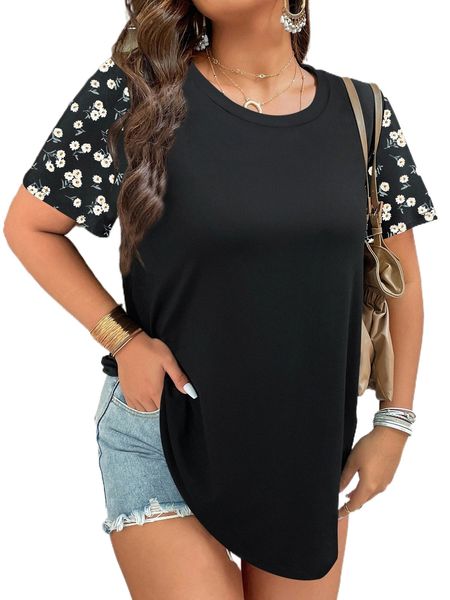 

plus floral print curved hem tee t0yd#, Black