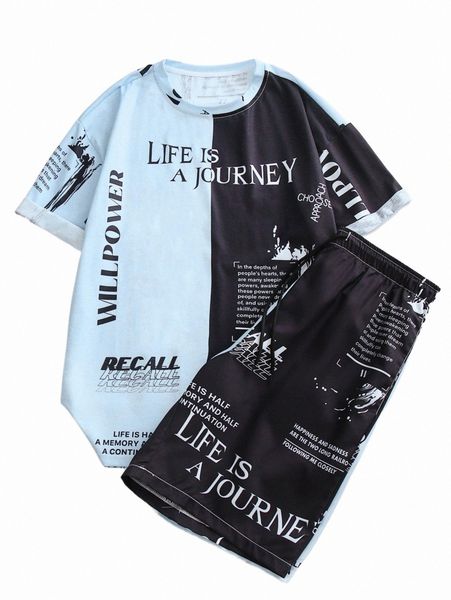 

men slogan graphic two tone tee & drawstring waist shorts g827#, Gray