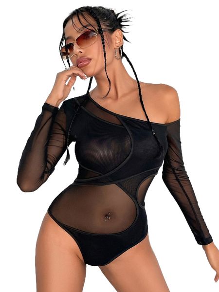 

asymmetrical neck contrast mesh bodysuit r5p5#, White