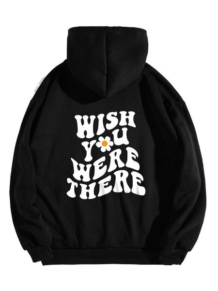 

slogan graphic kangaroo pocket thermal drawstring hoodie 138e#, Black