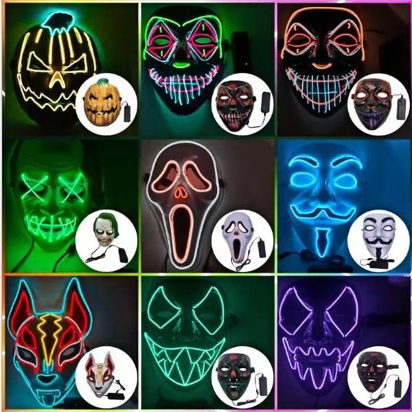 Stock Glühende Gesichtsmaske Halloween-Dekorationen Glühende Cosplay-Coser-Masken PVC-Material LED-Blitz Damen- und Herrenkostüme für Erwachsene Wohnkultur