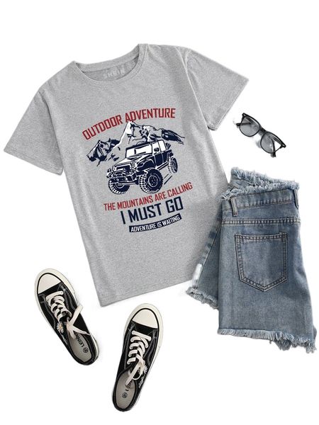

slogan & car print tee t9p5#, White